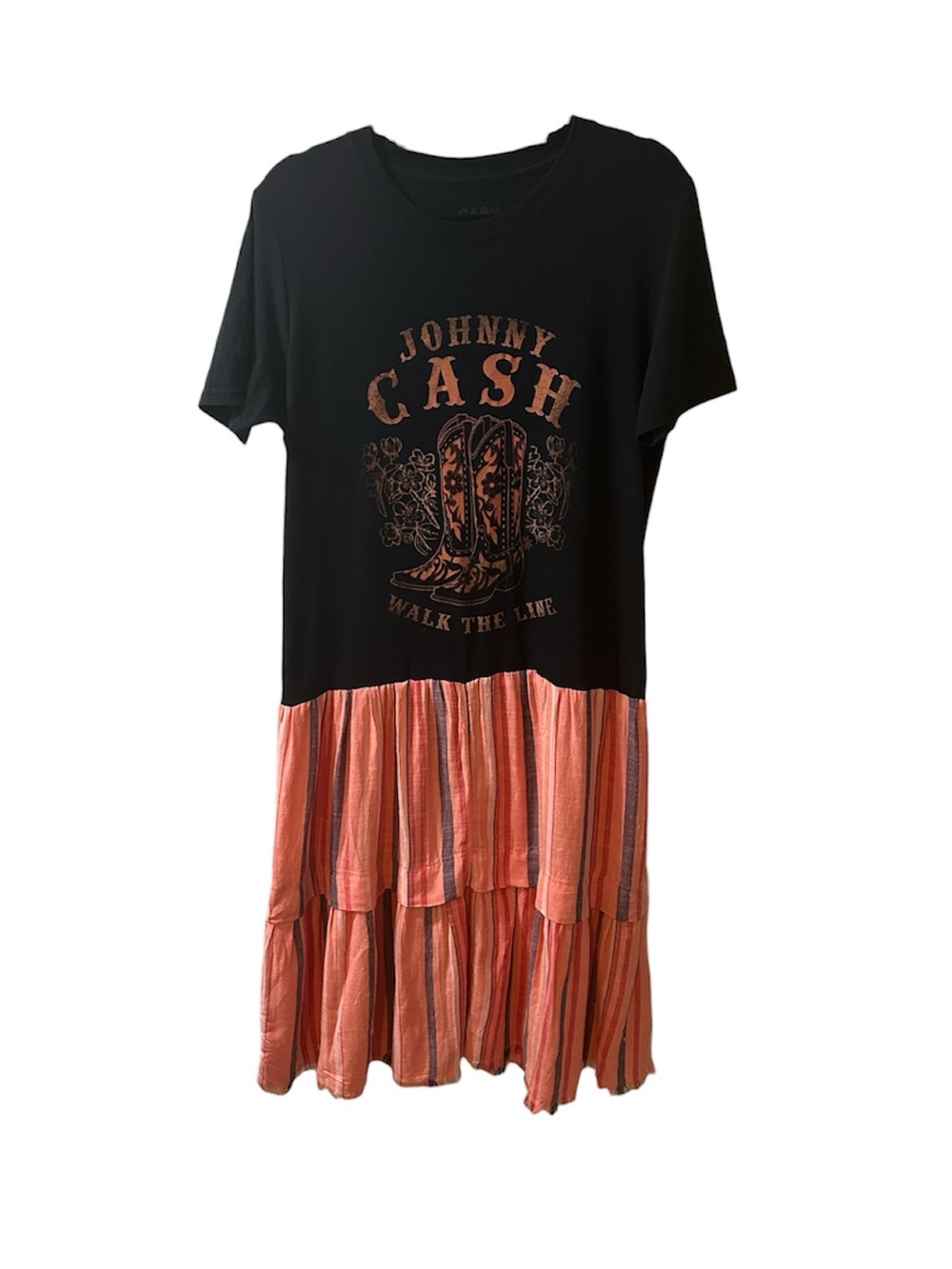 One of a Kind Upcycled Johnny Cash Graphic Tiered Dress - Black & Coral